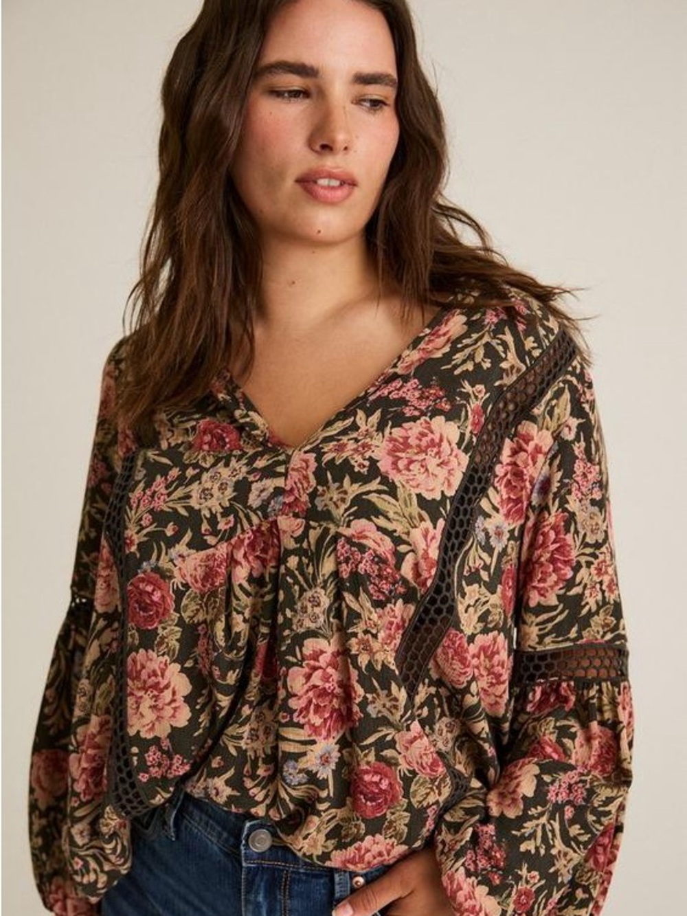 Torrid Festi Dark Olive Grey Floral V-Neck Tunic with Lace Insets
